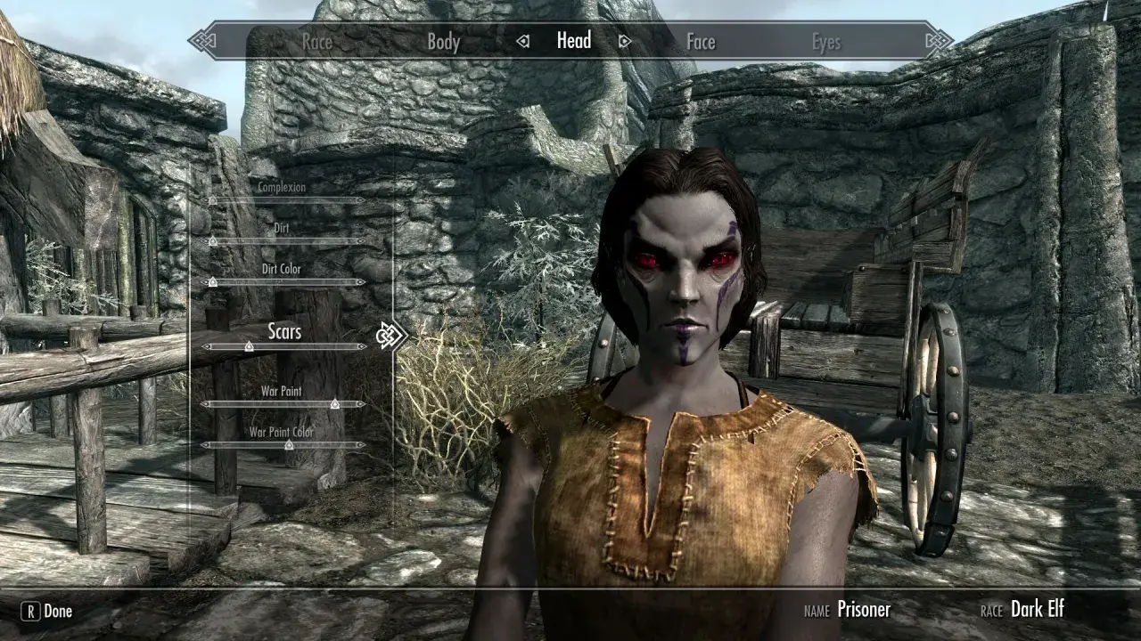 Tworzenie postaci w Skyrim, z opcją edycji blizn i makijażu. Data wydania gry to 11.11.11.
