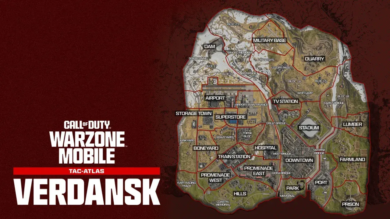 Mapa taktyczna Verdansk z zaznaczonymi lokacjami: lotnisko, miasto, więzienie, baza wojskowa i inne.