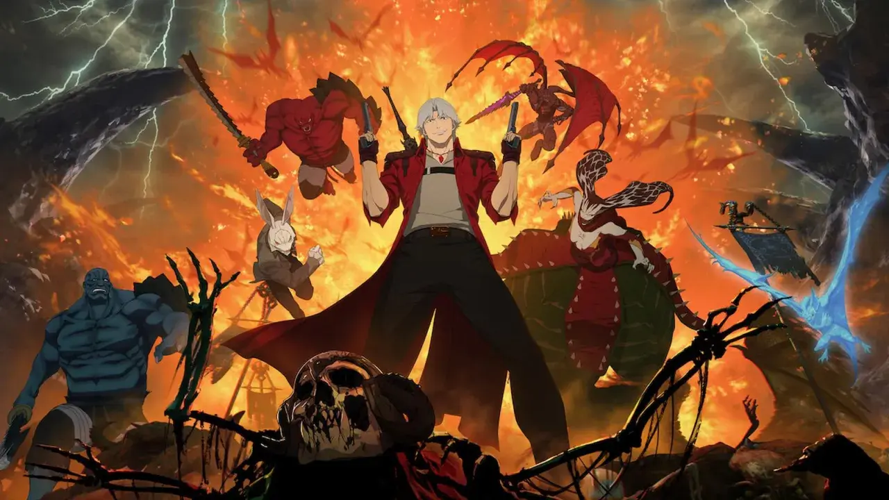 Dante z Devil May Cry 1, otoczony przez demony i płomienie, gotowy do walki.