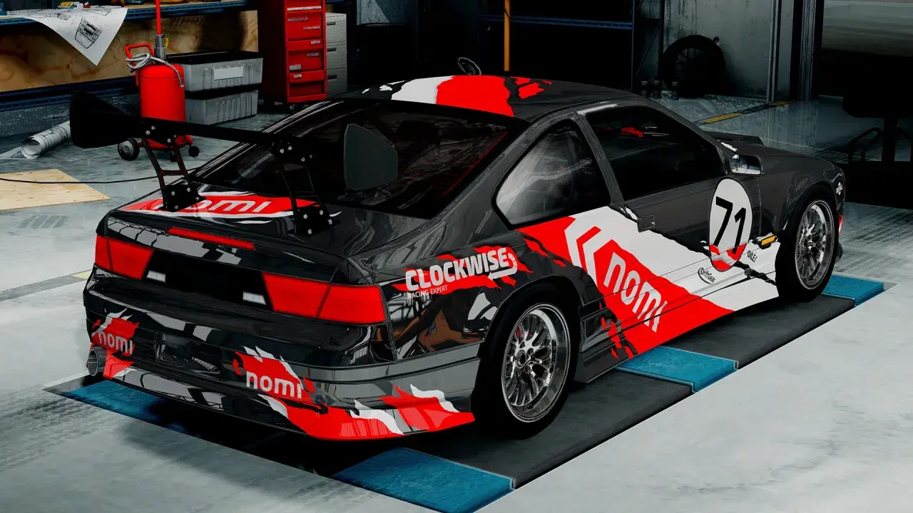 Czarny sportowy samochód z czerwono-białymi grafikami, numerem 71 i napisem "CLOCKWISE RACING EXPERT". Idealny do gry BeamNG Drive za darmo!