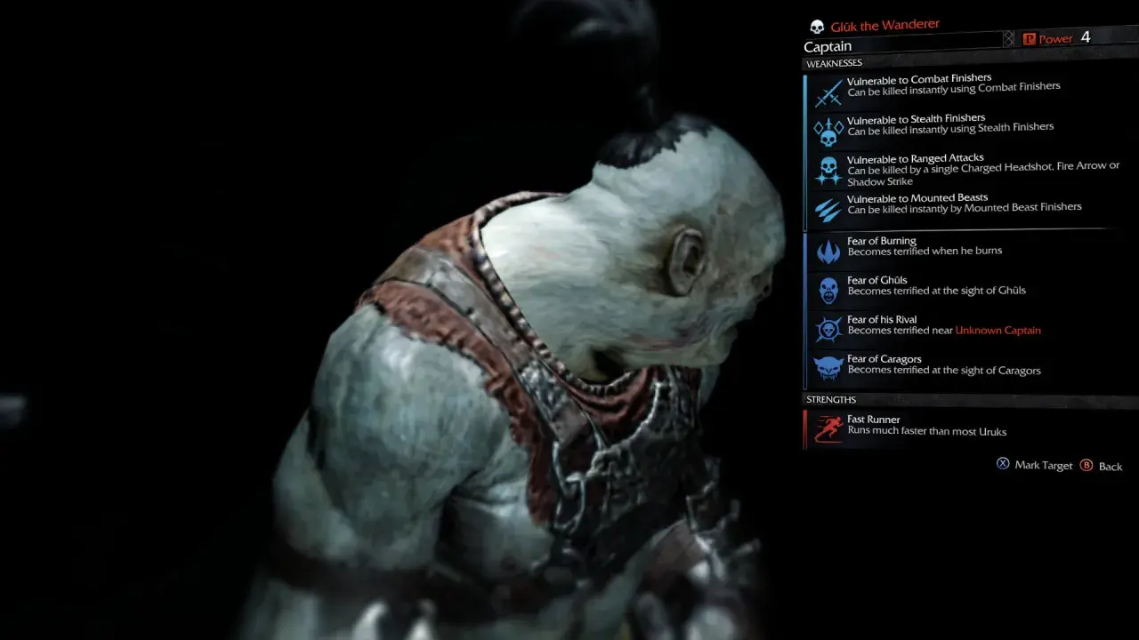 Kapitan Glûk z gry z systemem Nemesis, z widocznymi słabościami i mocnymi stronami.