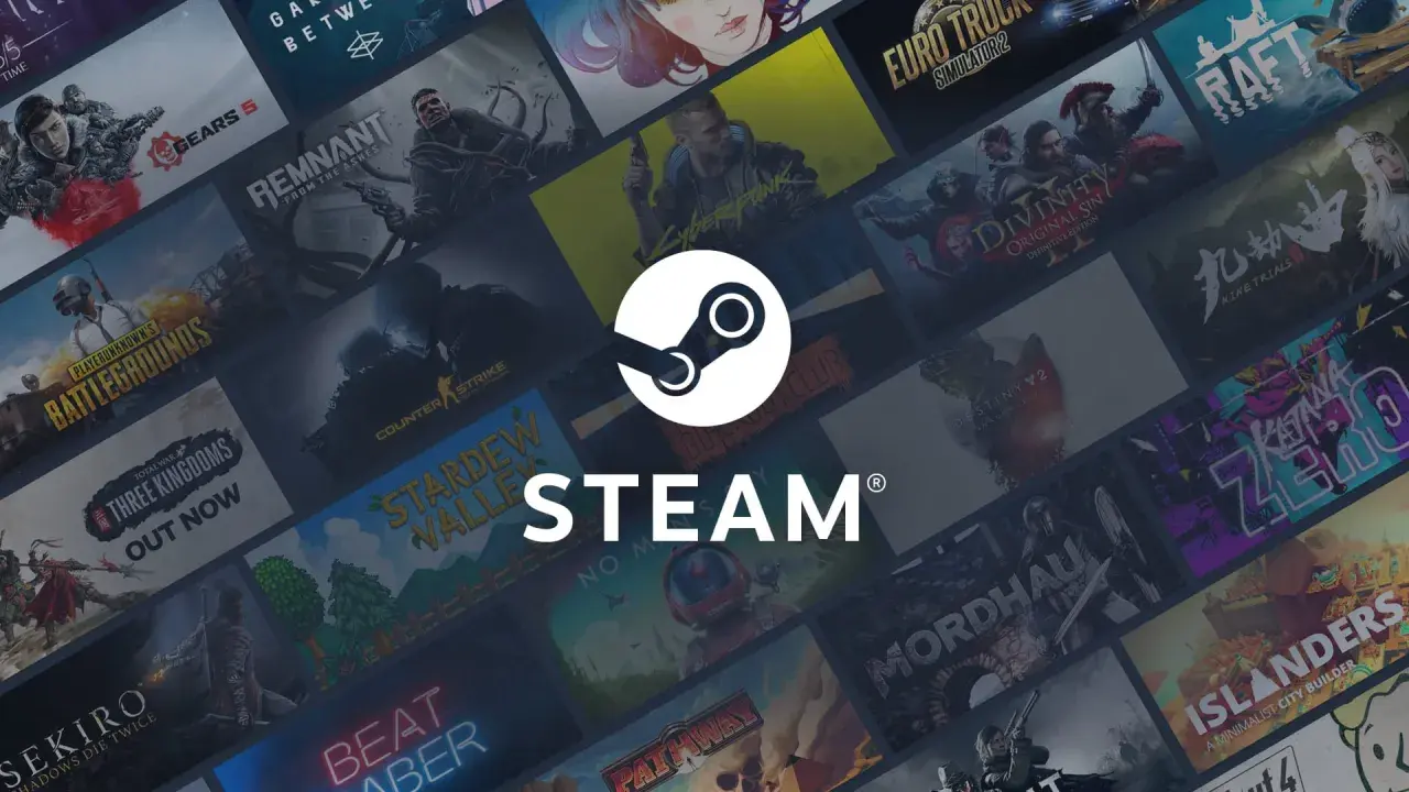 Tło z okładkami gier Steam. W centrum logo Steam i napis. Uzupełnij swój adres rozliczeniowy Steam, aby dokończyć zakup.