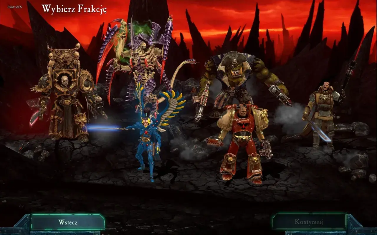 Wybór frakcji w Dawn of War II: Retribution. Widoczni: Kosmiczny Marine, Tyranid, Ork, Eldar i Imperialny Komisarz.