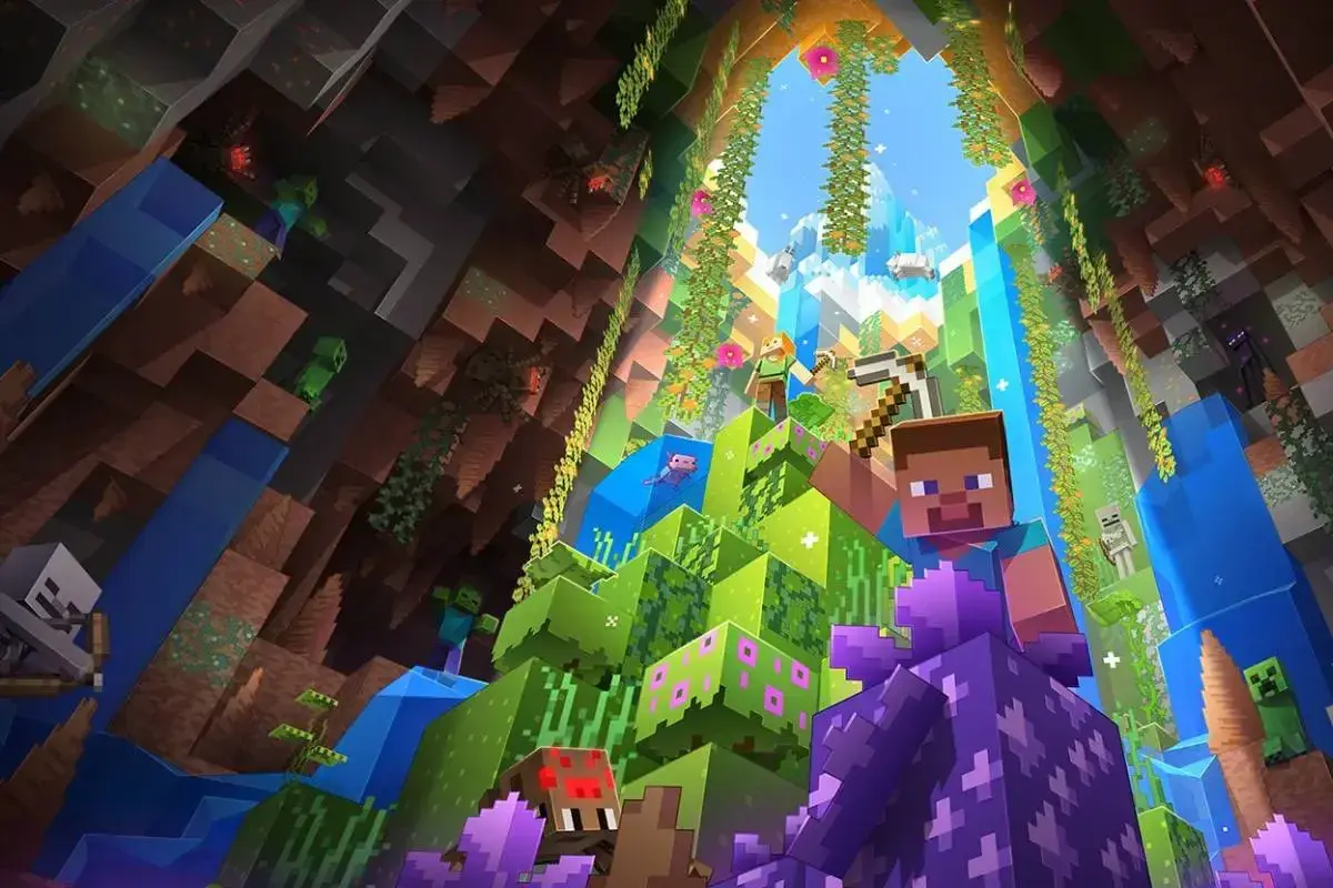Steve i Alex eksplorują jaskinię w grze sandbox Minecraft. Wokół nich zombie, pająki i enderman.
