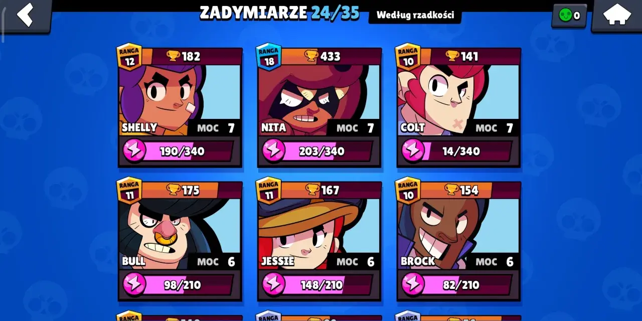 Ekran gry Brawl Stars z postaciami: Shelly, Nita, Colt, Bull, Jessie i Brock. Wszyscy to popularni brawl stars zadymiarze.