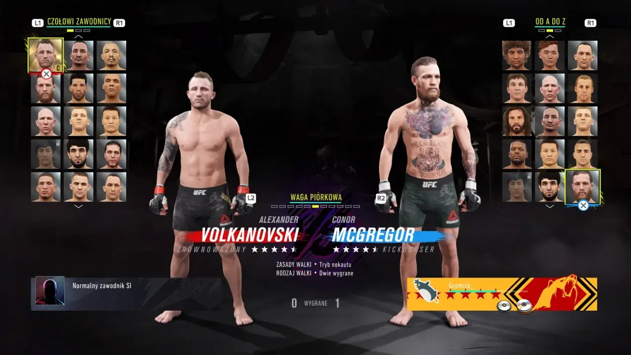 Wybór zawodników w grze UFC: Alexander Volkanovski kontra Conor McGregor.