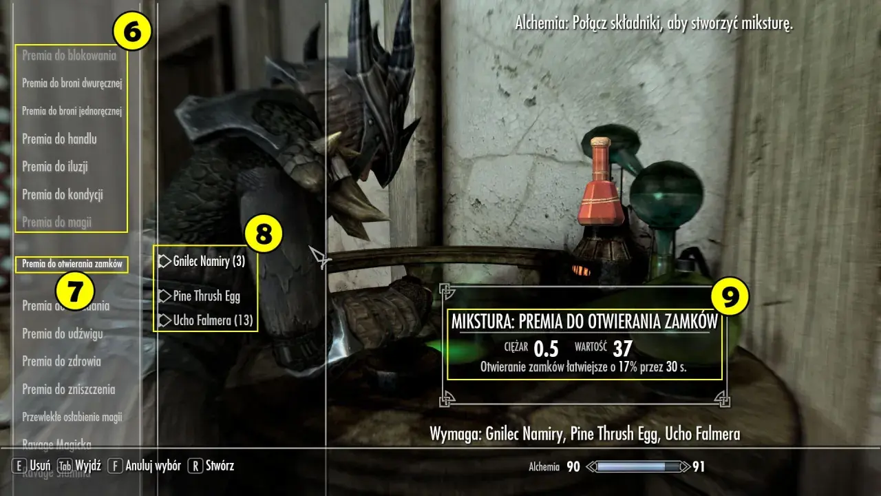 Skyrim alchemia przepisy: mikstura premii do otwierania zamków z Gnilec Namiry, Pine Thrush Egg i Ucho Falmera.