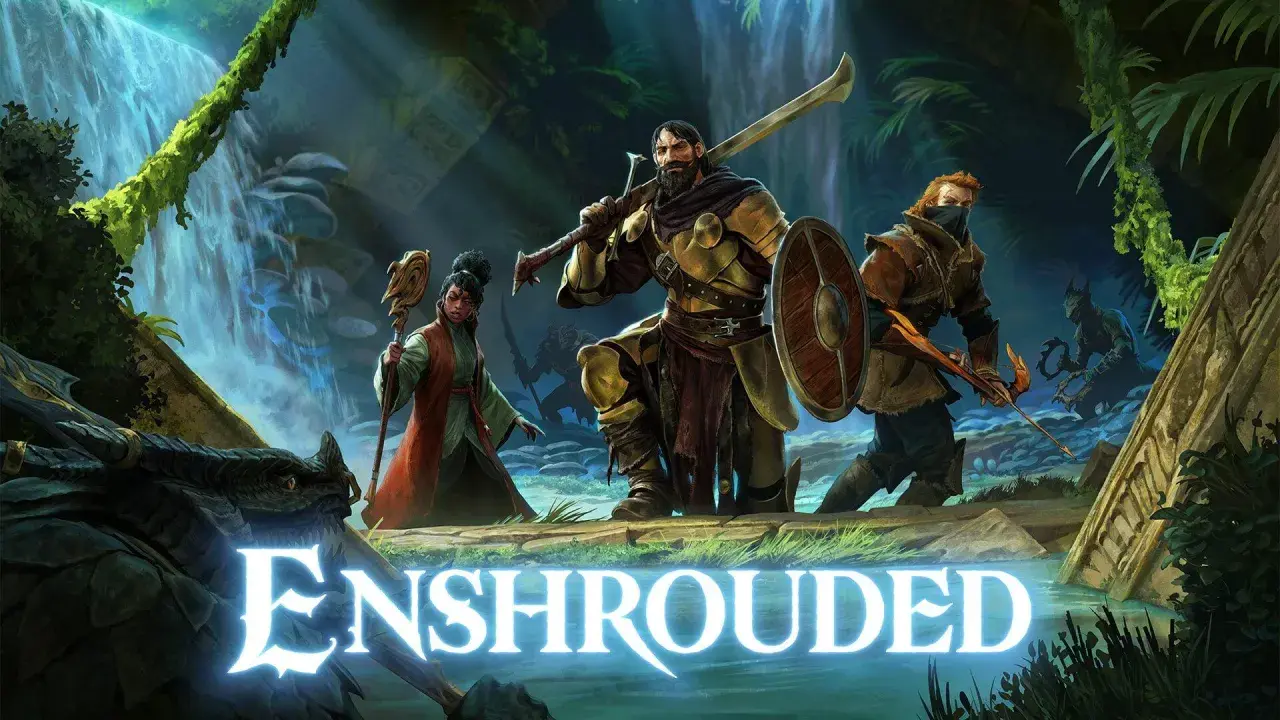 Enshrouded: trzej bohaterowie, wojownik, łucznik i czarodziejka, przygotowują się do walki w mistycznej dżungli.