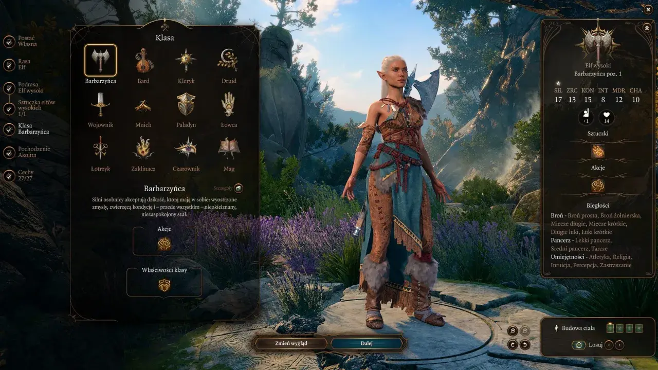Elfka barbarzyńca z Baldur's Gate, gotowa do walki. Wśród **baldur's gate postacie** wyróżnia się dziką naturą i siłą.