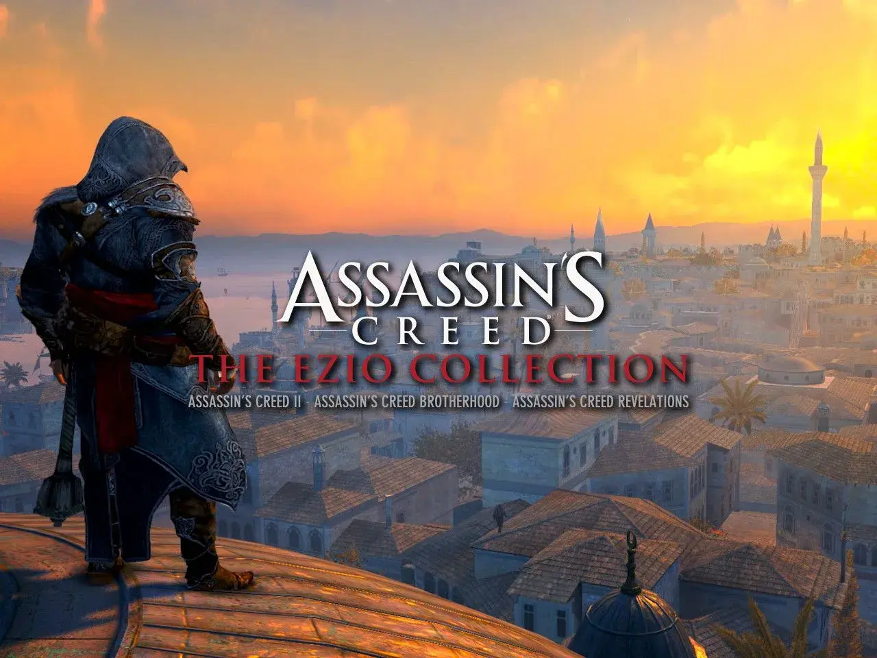 Ezio Auditore na dachu, patrzący na miasto o zachodzie słońca. Okładka Assassin's Creed II Discovery.