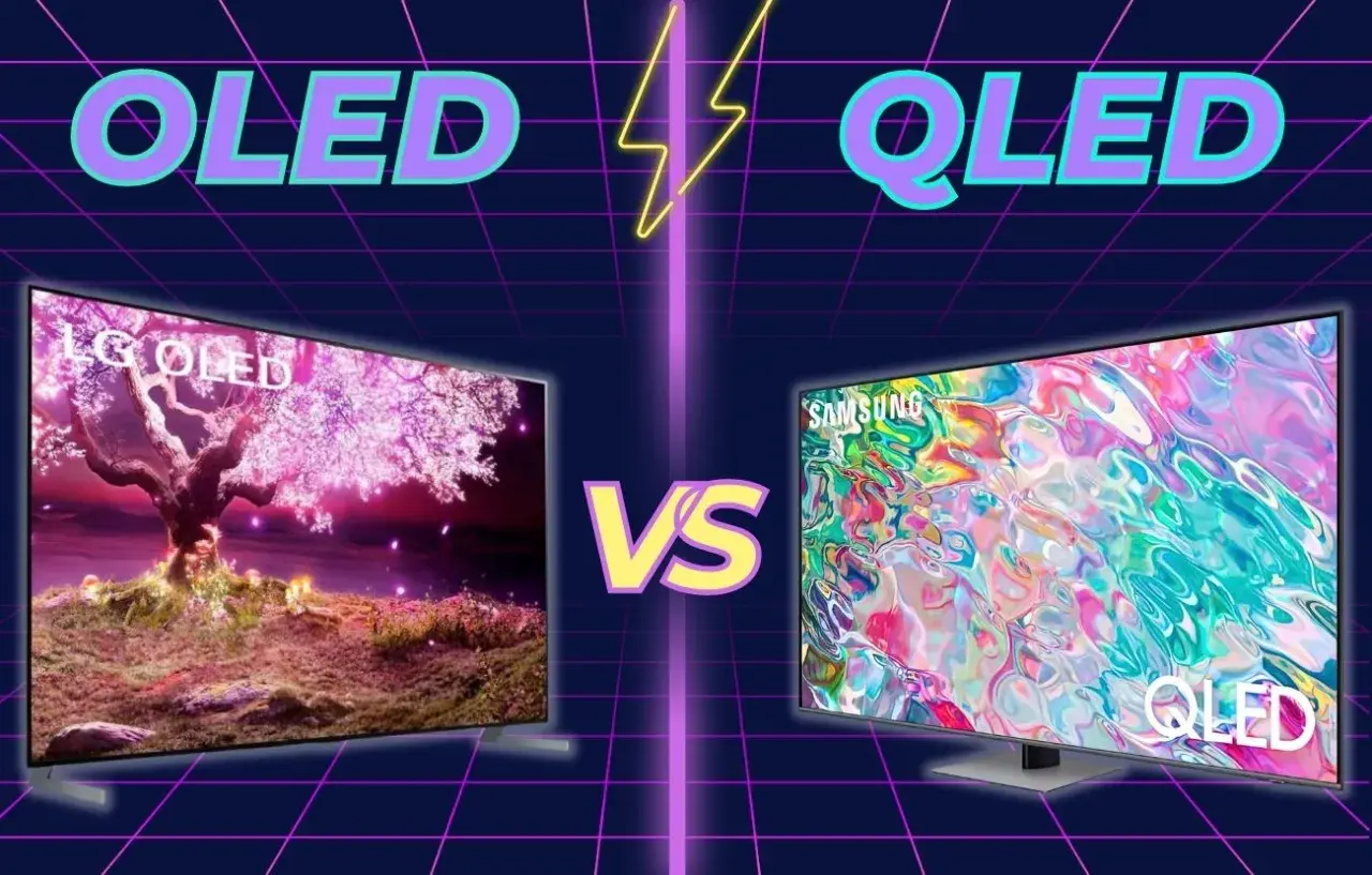 Porównanie telewizorów: po lewej LG OLED z kwitnącym drzewem, po prawej Samsung QLED z abstrakcyjnym obrazem. Który wybrać: OLED czy QLED?