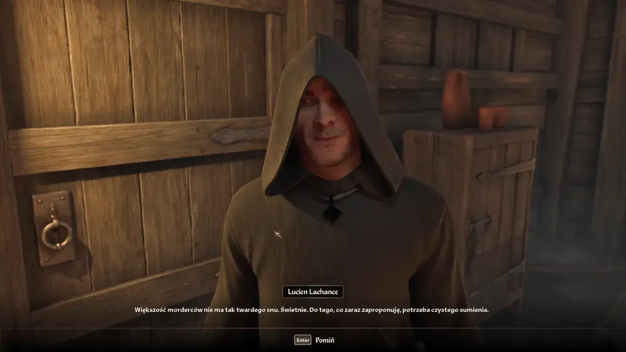 Lucien Lachance, członek gildii złodziei w grze Oblivion, w kapturze, mówi o mordercach i czystym sumieniu.