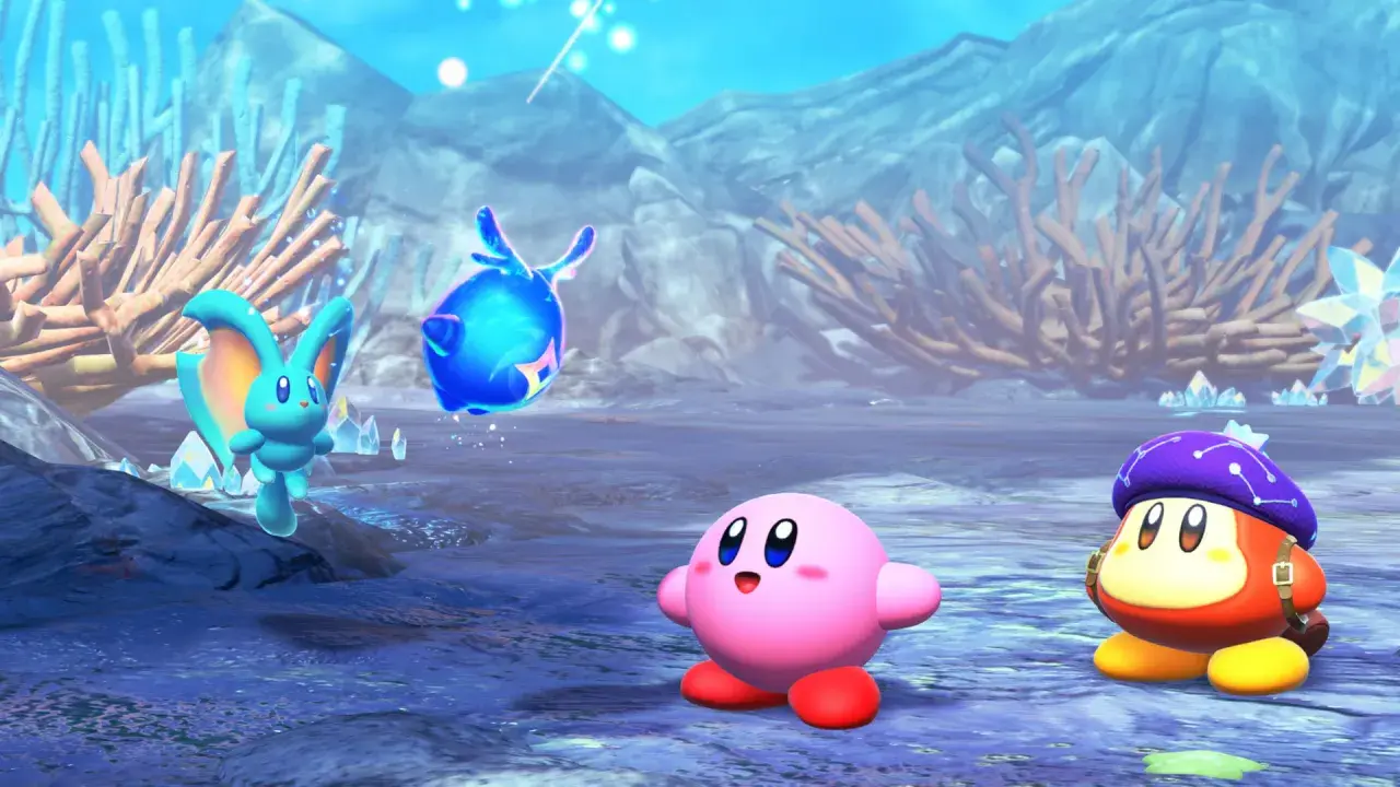 Kirby i jego przyjaciele, w tym Waddle Dee w fioletowym beretku, eksplorują podwodny świat. Obok nich lata niebieska, świetlista istota.