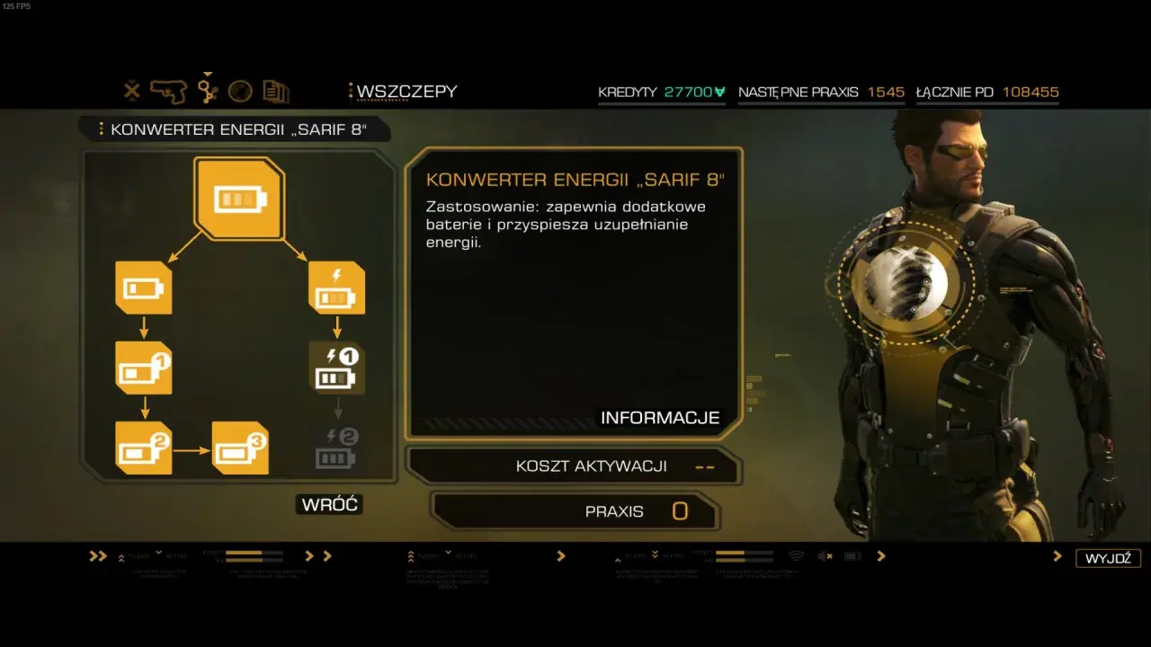Adam Jensen w Deus Ex: Bunt Ludzkości ulepsza swój pancerz, by zyskać dodatkowe baterie i przyspieszyć regenerację energii.