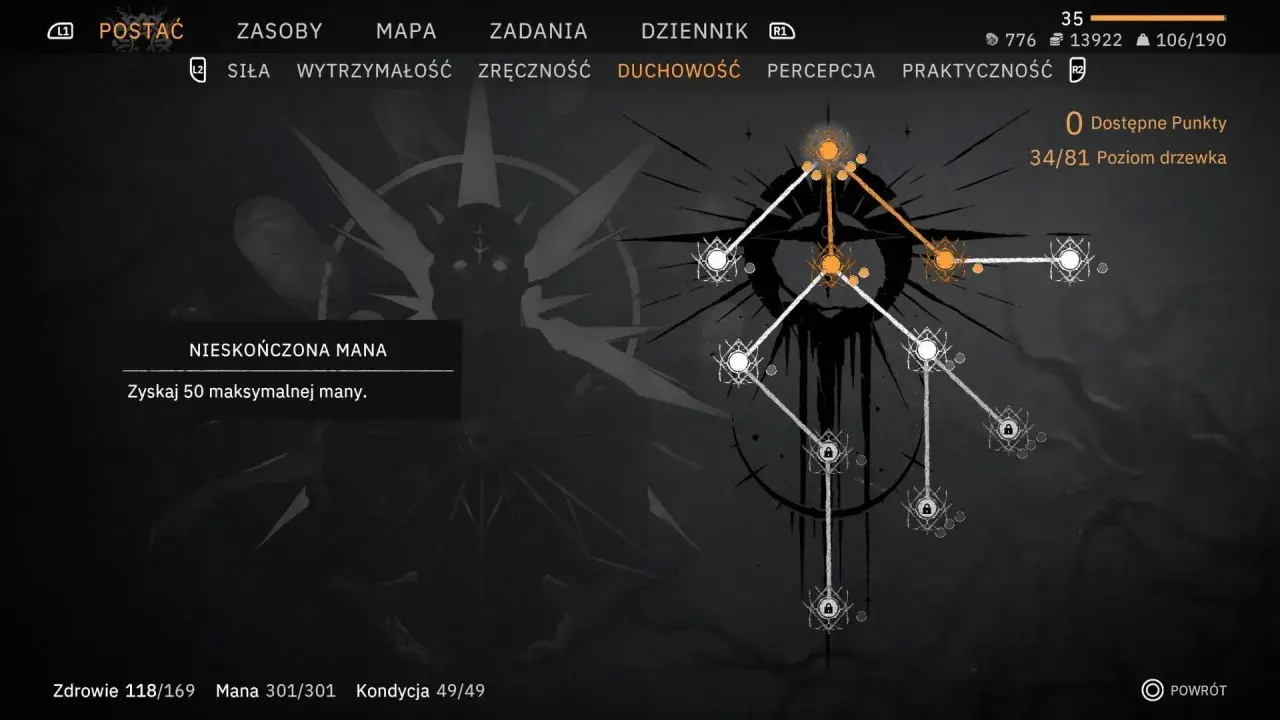 Drzewko umiejętności postaci z widocznym "DUCHOWOŚĆ" i opisem "NIESKOŃCZONA MANA". To może być początek **rage of mage**!