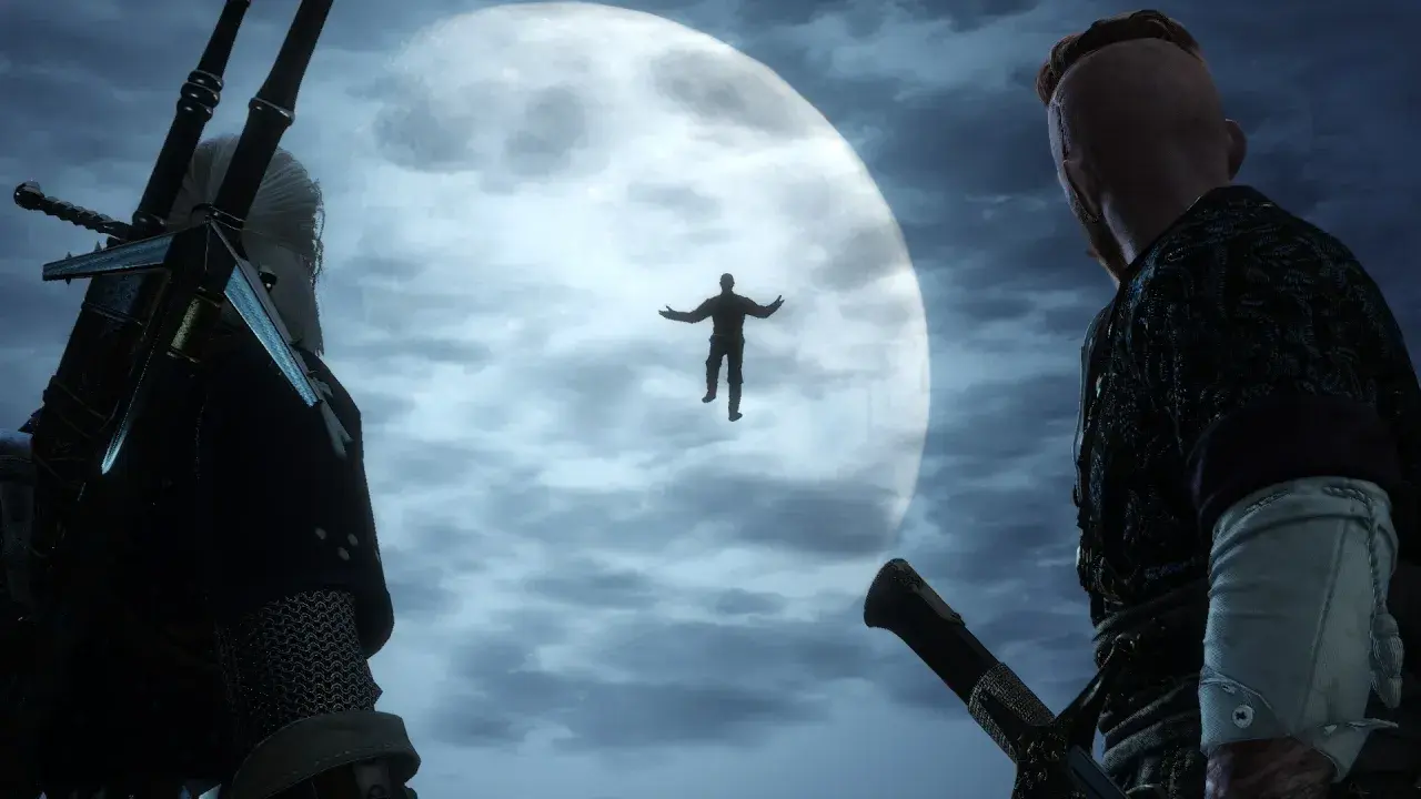 Geralt i Dijkstra patrzą na unoszącą się postać na tle księżyca. Scena jak z pan lusterko dubbing.