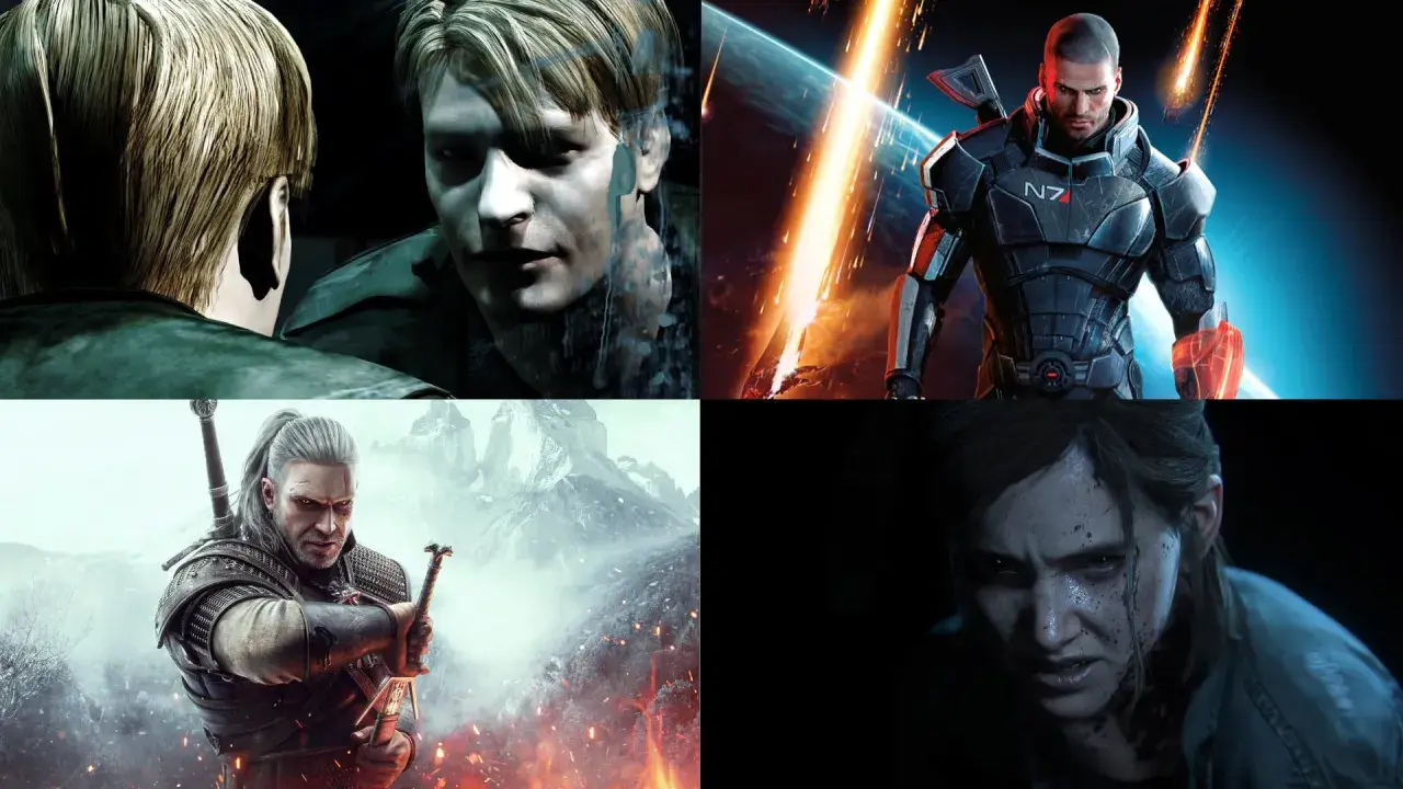 Kolaż postaci z gier rpg: James Sunderland, Commander Shepard, Geralt z Rivii i Ellie.