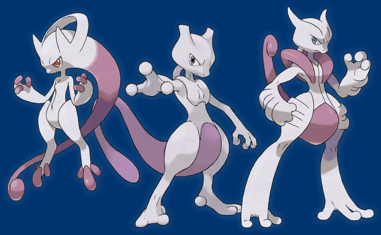 Trzy postacie Mewtwo w różnych pozach, gotowe do walki.