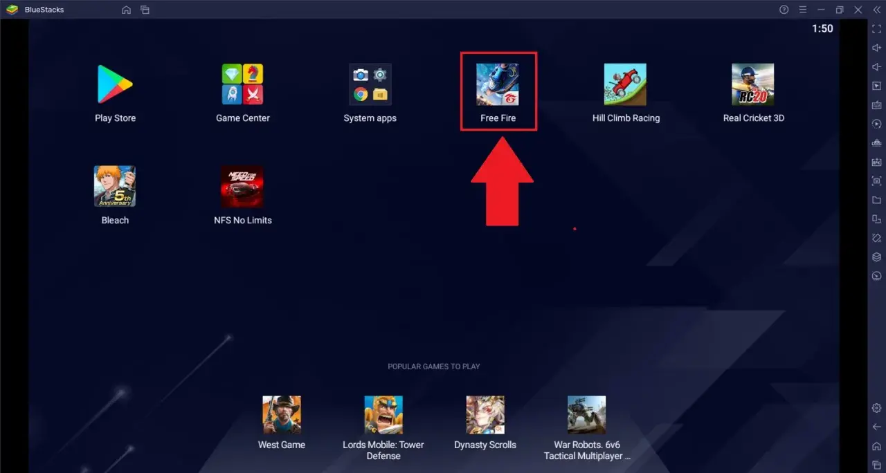 Ekran startowy emulatora BlueStacks z ikoną gry Free Fire.