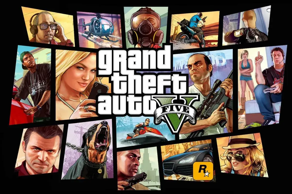 Kolaż postaci z GTA V, w tym Franklin, Michael, Trevor i Chop. Szukasz kod na pieniądze GTA 5?