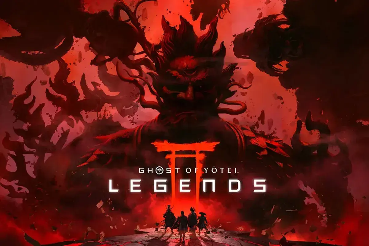 Czterech wojowników staje naprzeciw złowrogiej, demonicznej postaci w czerwonej poświacie. Tytuł "Ghost of Tsushima: Legends" sugeruje nadchodzącą przygodę.