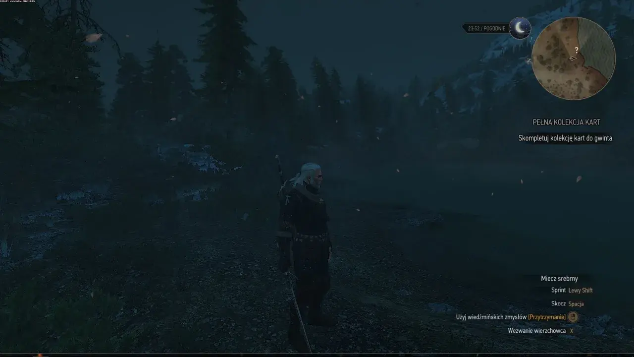 Geralt stoi w mrocznym lesie, szukając miejsc mocy na Skellige. W tle widać mglistą taflę wody i ośnieżone góry.