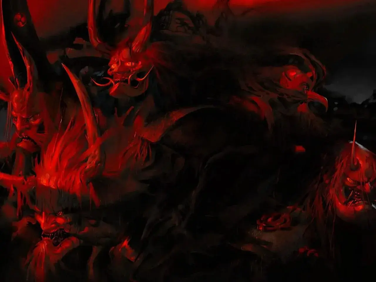 Mroczne, demoniczne maski w czerwonym świetle. Klimat niczym z Ghost of Tsushima tryb legend.