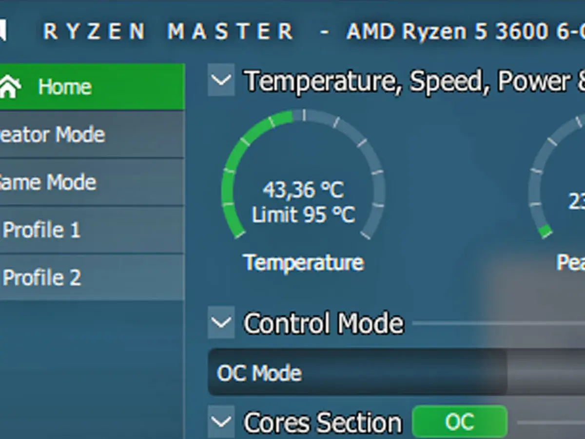 Jak sprawdzić temperaturę procesora? Aplikacja Ryzen Master pokazuje aktualną temperaturę CPU 43,36°C, limit 95°C.
