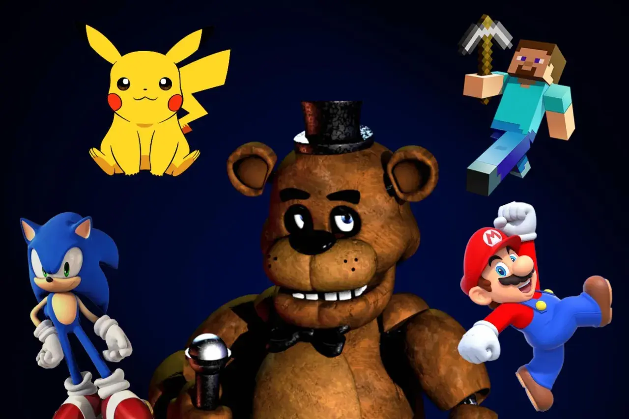Freddy Fazbear w cylindrze, otoczony przez Pikachu, Sonica, Steve'a z Minecrafta i Mario.