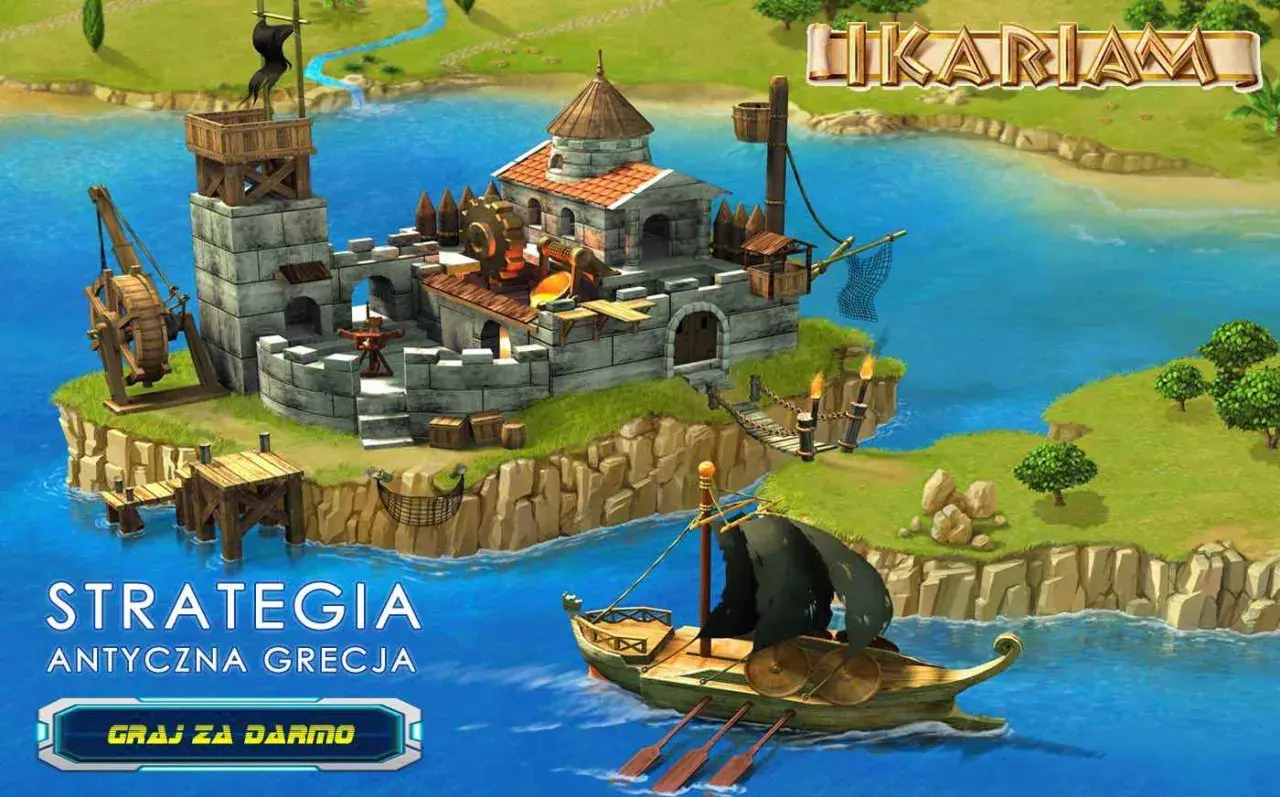 Gry strategiczne online: starożytna Grecja, twierdza na wyspie, statek w morzu. Graj za darmo!