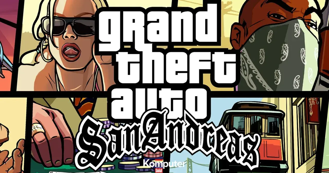 Kobieta w okularach, mężczyzna w bandanie, ręka z pierścionkiem i tramwaj. To wszystko w stylu GTA San Andreas, gdzie można użyć kodu aezakmi.
