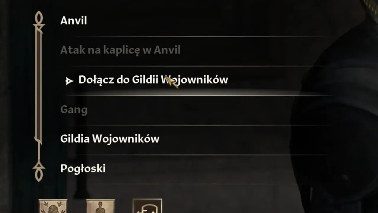 Wybór "Dołącz do Gildii Wojowników" w grze Oblivion. Kursor wskazuje opcję.
