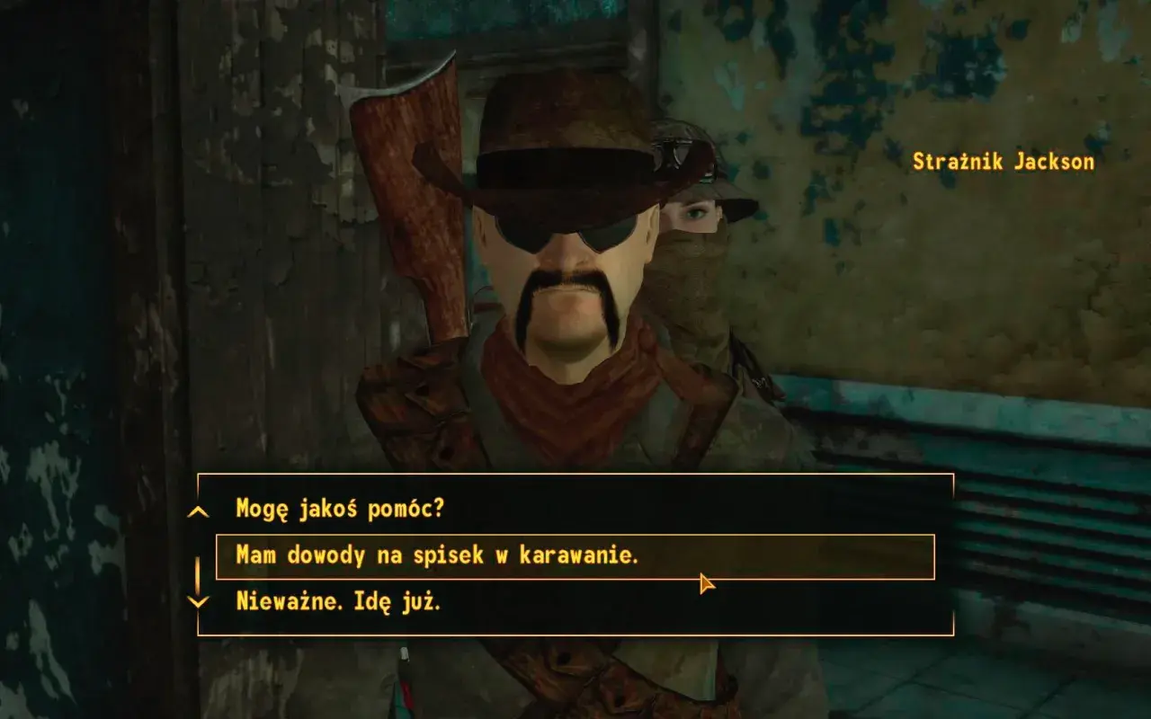 Strażnik Jackson z New Vegas pyta, czy mogę pomóc. W tle widać drugą postać.