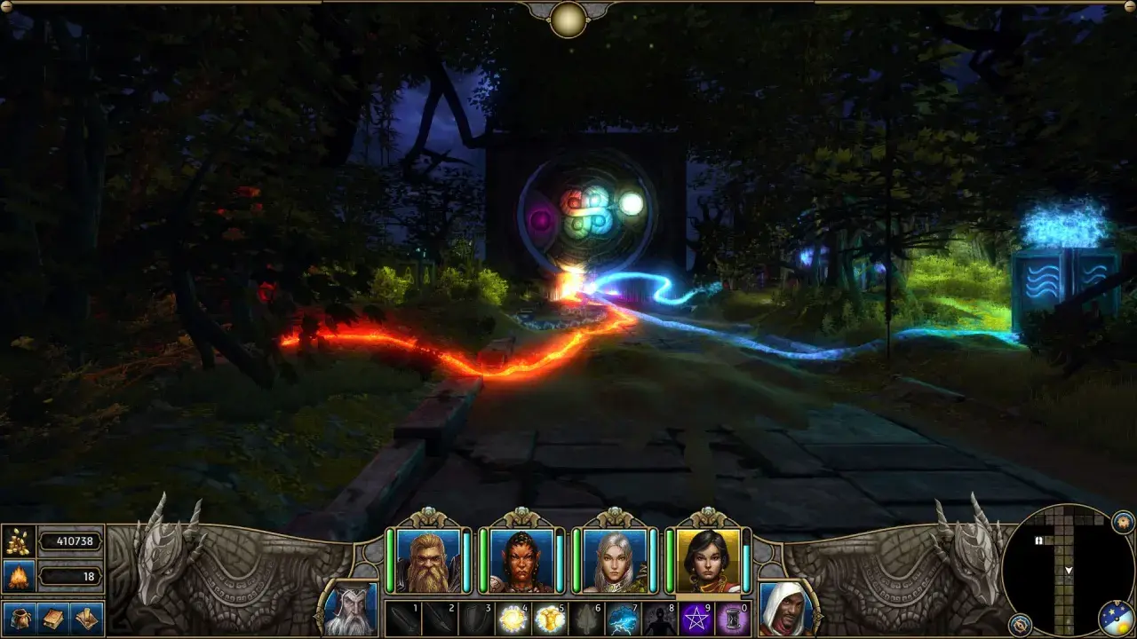 Magiczna brama w lesie, ścieżka pełna ognia i lodu. Bohaterowie przygotowują się do kolejnego etapu w tej grze typu dungeon crawler.