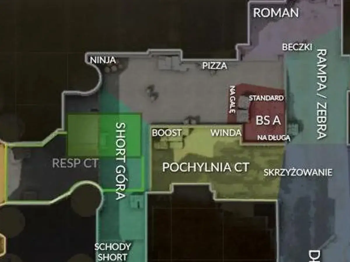 Mapa CS2 z nazwami lokacji: Ninja, Pizza, Resp CT, Short Góra, Roman, Beczki, Rampa/Zebra, Standard, BS A, Na Długa, Boost, Winda, Pochylnia CT, Skrzyżowanie.