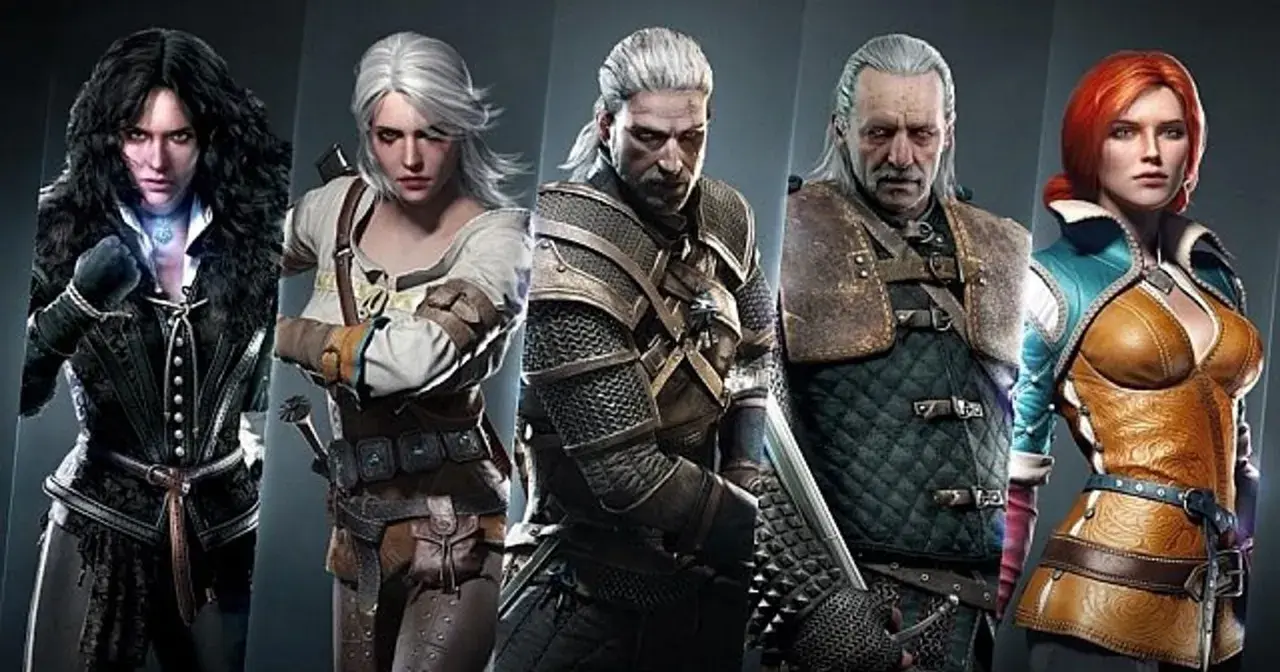 Postacie z Wiedźmina: Yennefer, Ciri, Geralt, Vesemir i Triss w swoich charakterystycznych strojach.