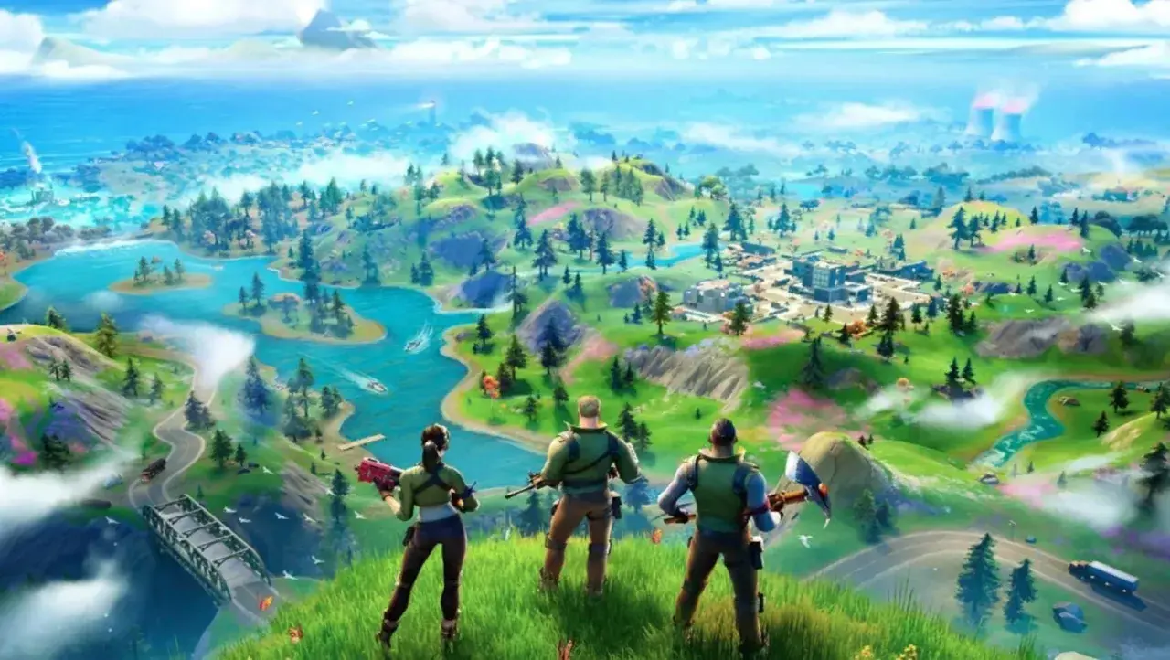 Trzech graczy Fortnite od ilu lat, obserwuje z góry kolorową wyspę z rzekami i miastem.