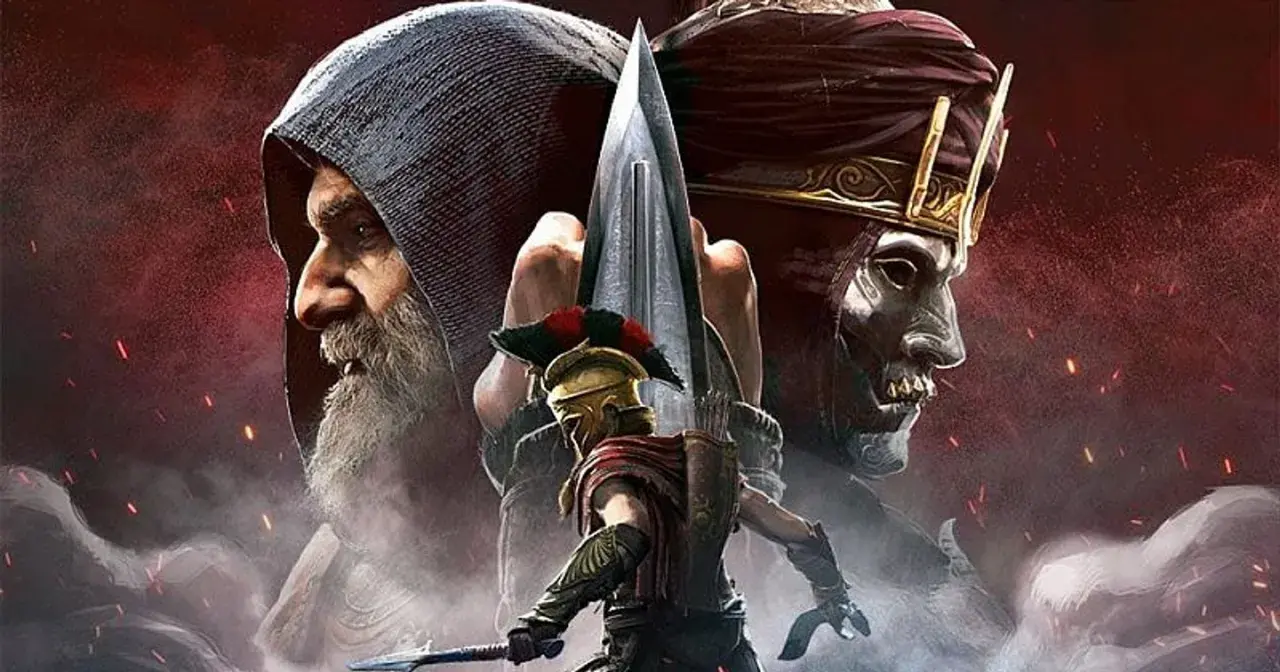 Postać z hełmem i włócznią na tle dwóch twarzy: starszego mężczyzny w kapturze i złowrogiej postaci w masce. To Assassin's Creed Odyssey Dziedzictwo Pierwszego Ostrza.