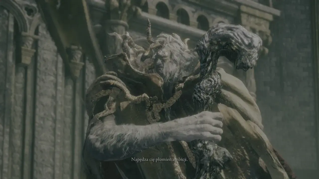 Margit, the Fell Omen z Elden Ring, z groźną miną i kosturem. "Napędza cię płomień ambicji.