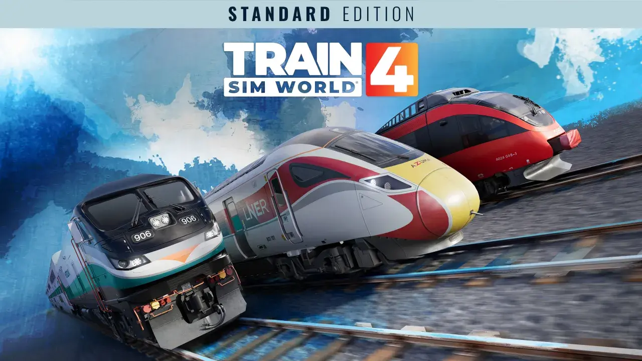 Trzy nowoczesne pociągi pędzą po torach. To okładka gry Train Sim World 4, która pozwala poczuć emocje związane z prowadzeniem składów.