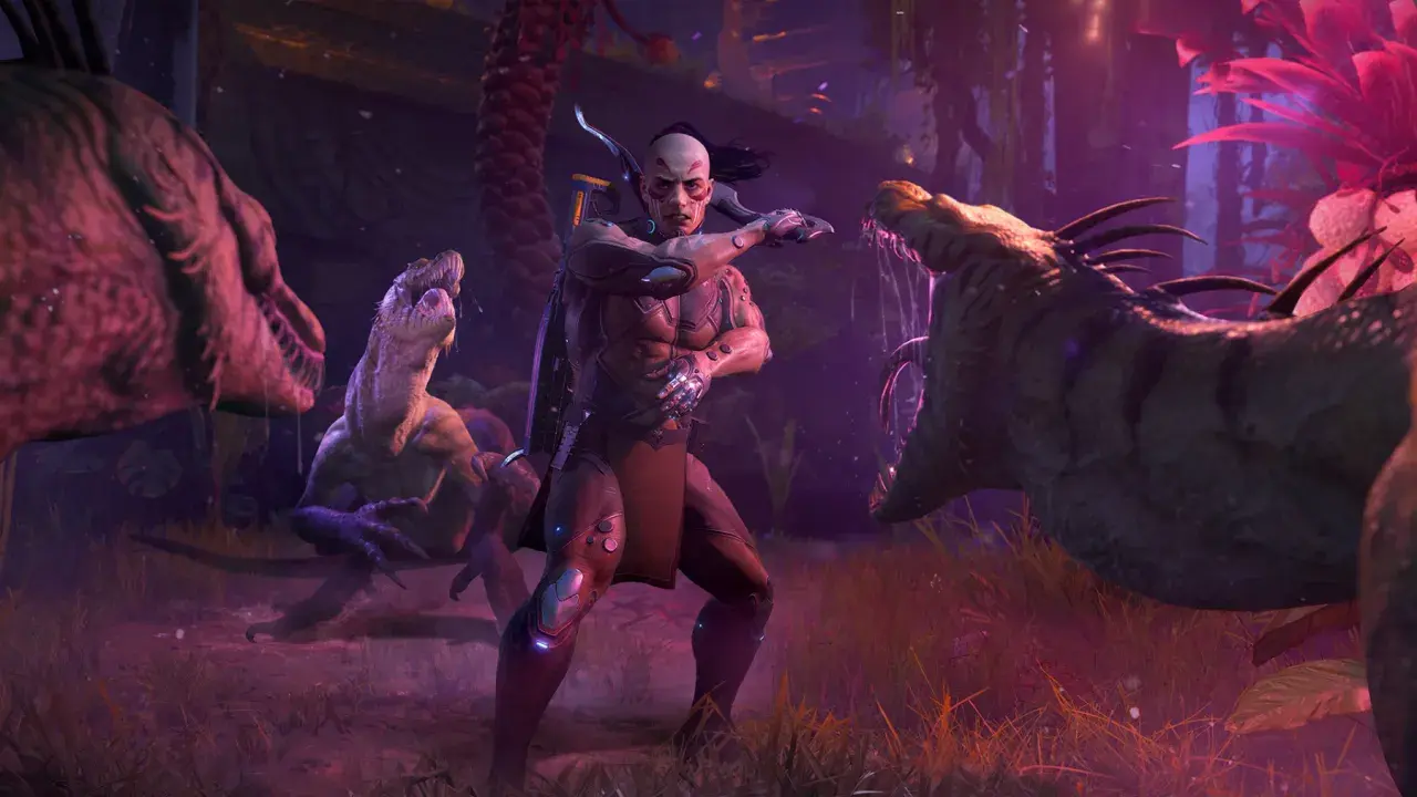 Turok w otoczeniu trzech groźnych dinozaurów, gotów do walki w dżungli.