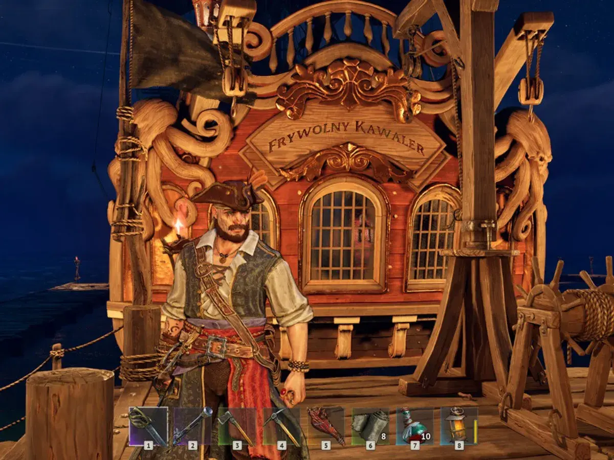 Piracki kapitan na tle statku "Frywolny Kawaler". Wspaniała grafika z gier o piratach.