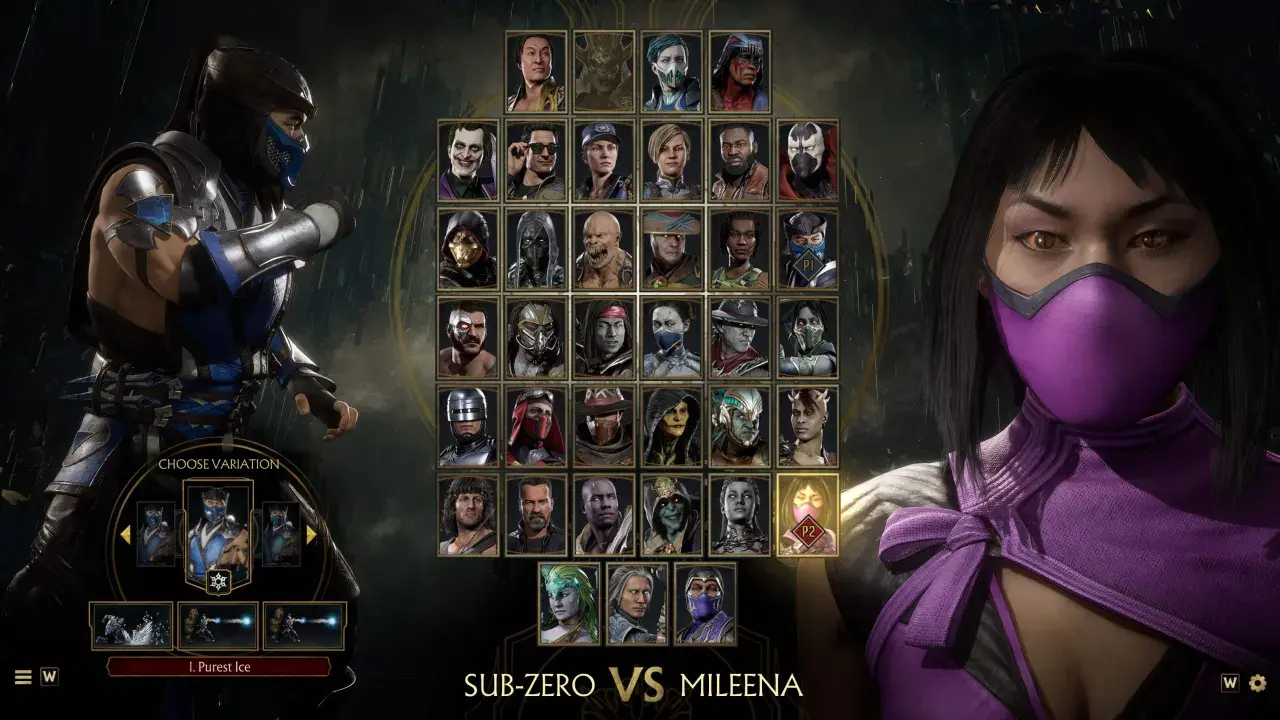 Wybór postaci w Mortal Kombat 11: Sub-Zero kontra Mileena. Widoczny wybór wariantów Sub-Zero i siatka z innymi postaciami.