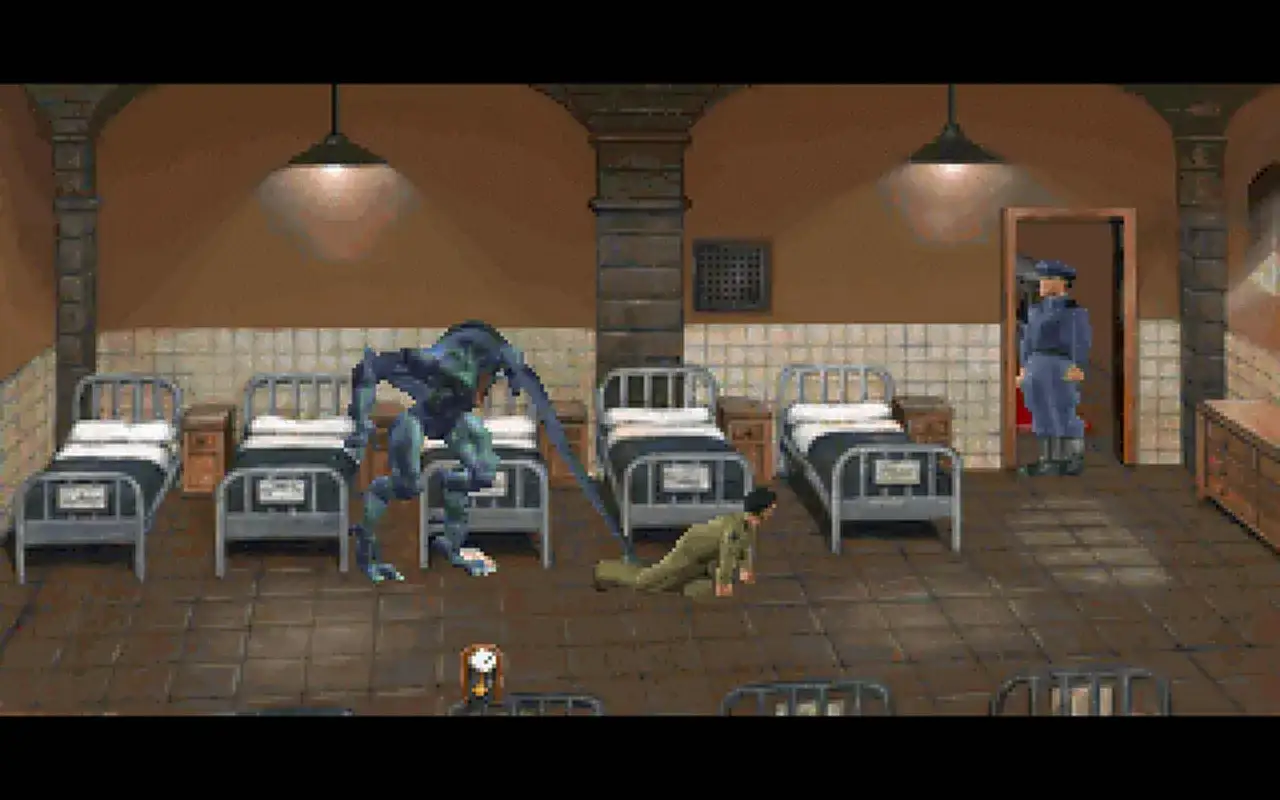 Potwór z gry prisoner of ice game atakuje w szpitalu. Strażnik stoi przy drzwiach, a pacjent czołga się po podłodze.