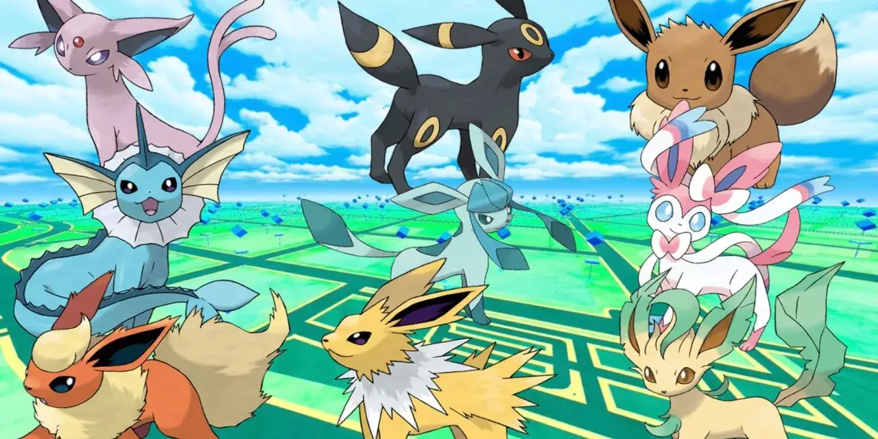 Wszystkie ewolucje Eevee: Espeon, Vaporeon, Umbreon, Jolteon, Glaceon, Sylveon, Leafeon i Flareon, stoją na tle gry Pokémon GO.