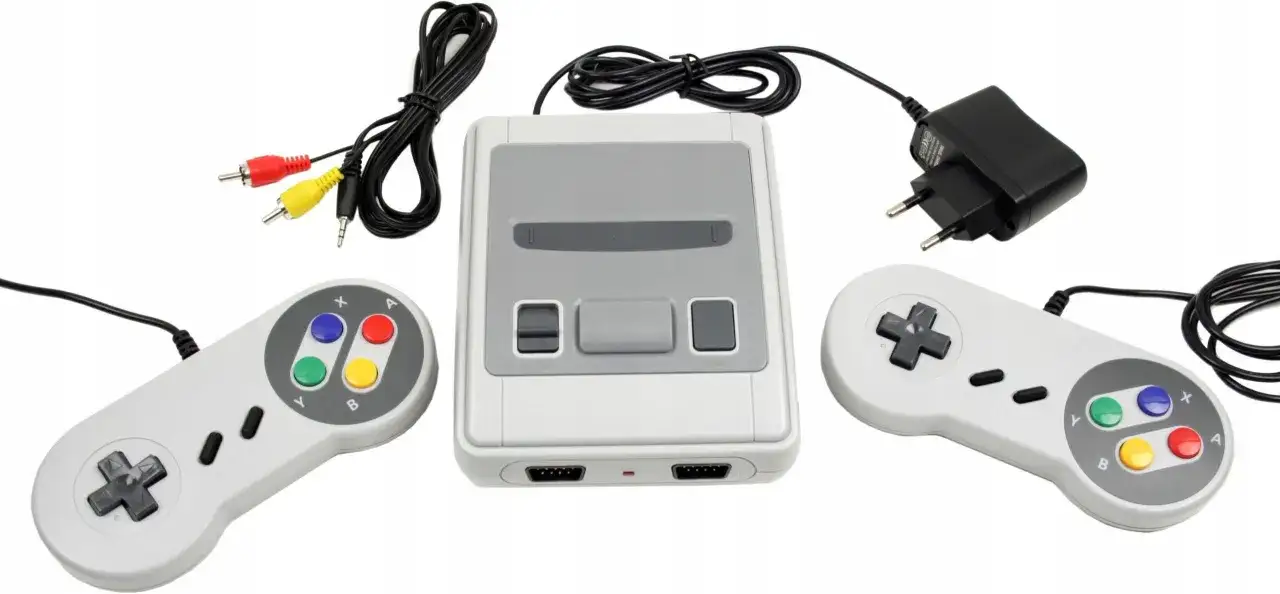 Konsola NES z dwoma kontrolerami, zasilaczem i kablami AV. Gotowa do retro gier!