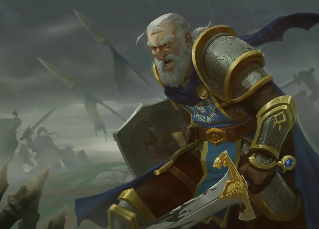 Warcraft: Anduin Lothar w zbroi, z mieczem i tarczą, prowadzi wojska do walki w deszczu.