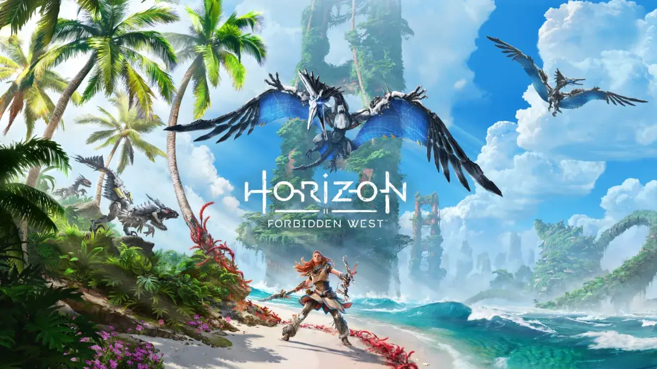 Aloy walczy z mechanicznymi ptakami w Horizon Zero Dawn 2. Tropikalna plaża, palmy i ruiny w tle.