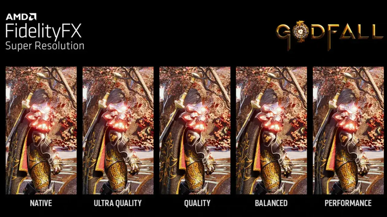 Porównanie jakości grafiki w grze Godfall z użyciem fsr: Native, Ultra Quality, Quality, Balanced, Performance.