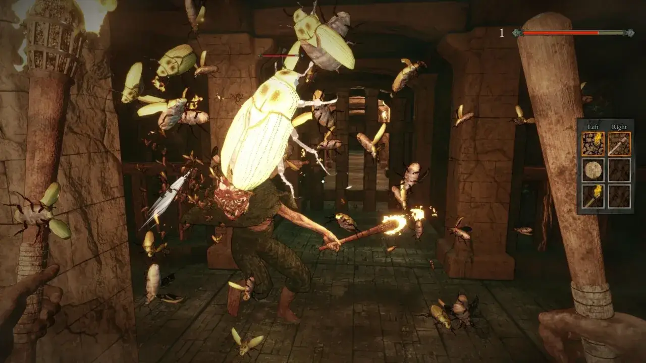 Postać walczy z rojem owadów w mrocznym lochu. To intensywny dungeon crawler, gdzie każdy krok to walka o przetrwanie.
